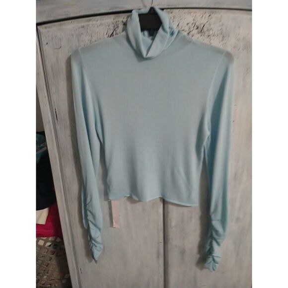 For Love And Lemons Turtleneck Ruched Sleeve Blouse Nwt Xl Sky Blue Semi-sheer - Picture 2 of 12